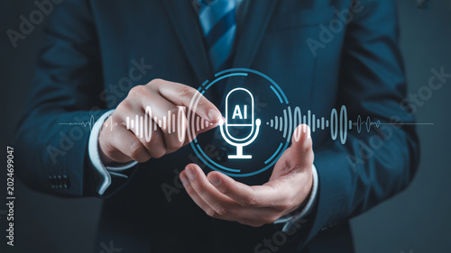 Business executive using artificial intelligence voice recognition software for professional communication and interaction.