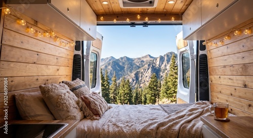 Cozy interior of a converted camper van with a mountain view