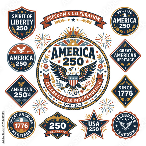 America 250 Retro Badge Collection with Folk Art Eagle Fireworks and Vintage Patriotic Typography Vector Illustration Set
