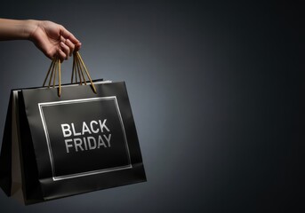 Hand Holding Black Friday Shopping Bag with Silver Text on Dark Background with Copy Space
