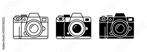 Fotografie Camera Icons Set: Three Retro and Modern DSLR Camera Illustrations, Black and Wh
