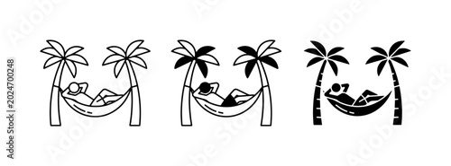 Foto Relaxing Palm Tree Hammock Icons, Tropical Vacation Silhouette, Beach Holiday Ve