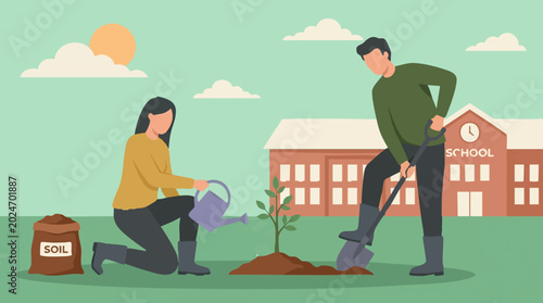 Photos Man and woman planting a tree sapling near a school building