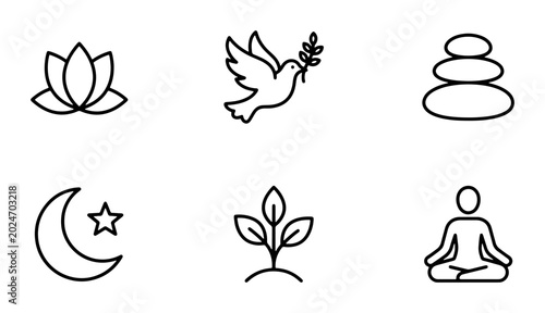 Canvas Print Zen Icons Set: Lotus, Dove, Stones, Crescent Moon, Plant, Meditation Silhouette,