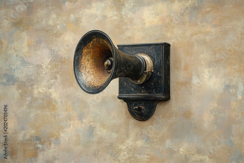 Antique brass speaker mounted on textured wall