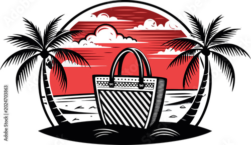 Konstfotografi Beach tote bag illustration with palm trees and sunset background