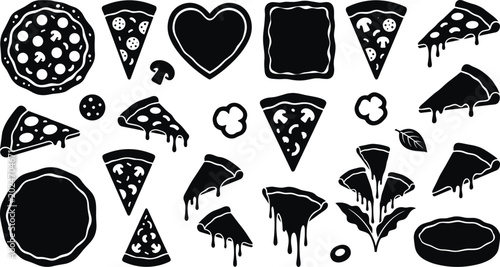 Tableau sur toile Pizza Slice Silhouette Collection with Melting Cheese, Pepperoni Toppings, Itali