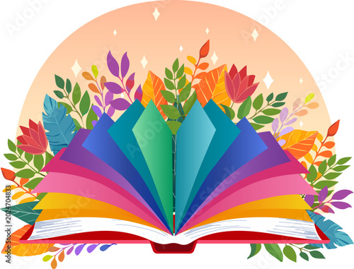 Photos Stylized illustration of a book with multi-colored pages