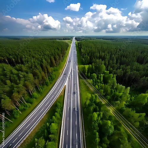 Endless highway through vibrant green forest