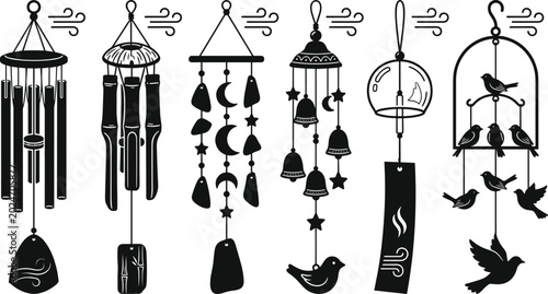 Bild auf Leinwand Wind Chime Silhouette Collection with Hanging Bells, Bamboo Decor, Bird Cage Orn