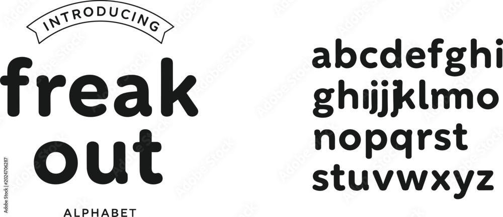 Fototapeta premium Bold sans serif typeface with the words freak out and alphabet letters on white background