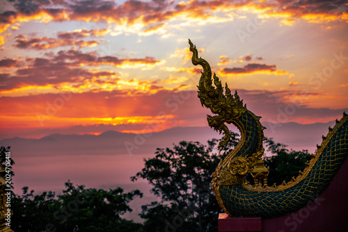 The natural background of the beautiful twilight sky, the surrounding atmosphere (trees, rivers, mountains) is a beautiful view of the journey, the view point.
