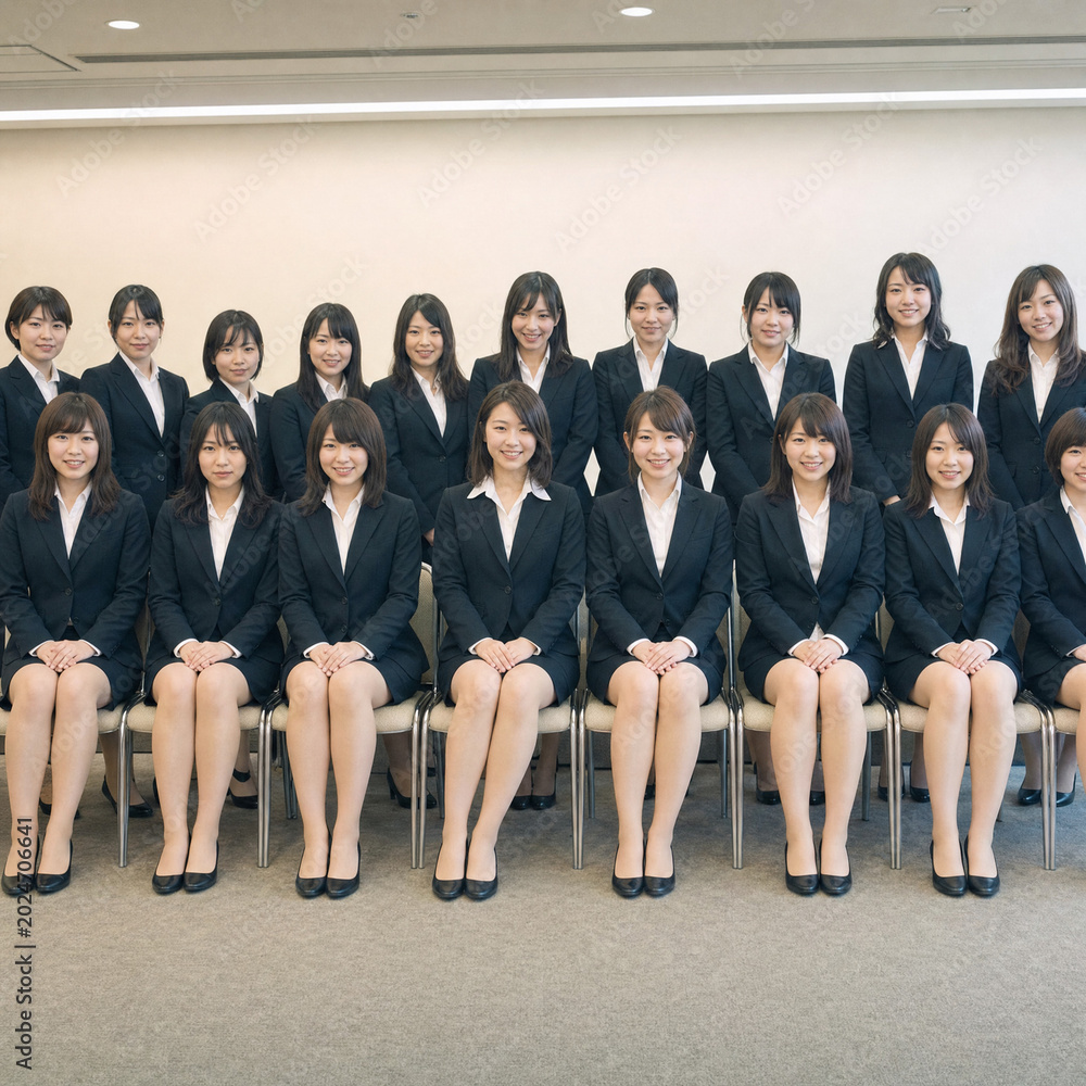 Obraz premium 日本の企業の内定式・入社式の集合写真（リクルートスーツ姿の新人ビジネスマンたち ）～Japanese business persons joining ceremony