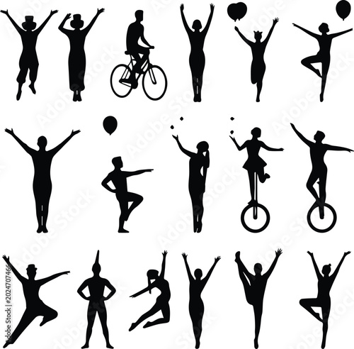 Schilderij op canvas Black silhouettes of circus performers, acrobats, unicyclists, and dancers isola