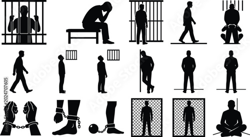 Foto Prisoner and Jail Silhouette Collection with Inmate Poses, Handcuffs, Prison Bar
