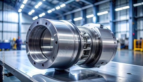 Precision-machined titanium aerospace component with intricate metallic detail in industrial setting
