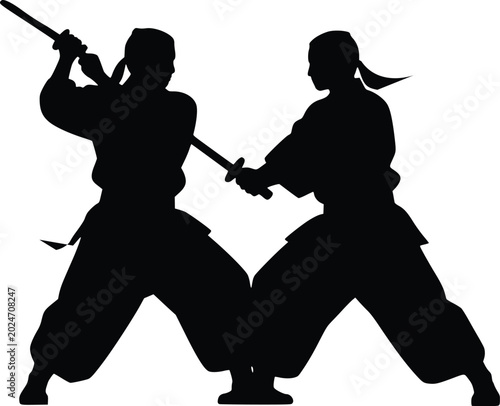 Cuadro en lienzo Two martial artists in traditional hakama attire practicing Japanese swordsmanship kendo or kenjutsu with bokken wooden training swords isolated silhouette illustration