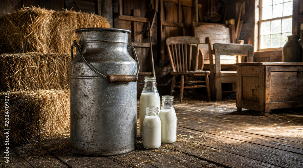 Obraz premium Fresh milk in glass bottles and metal can on old wooden floor