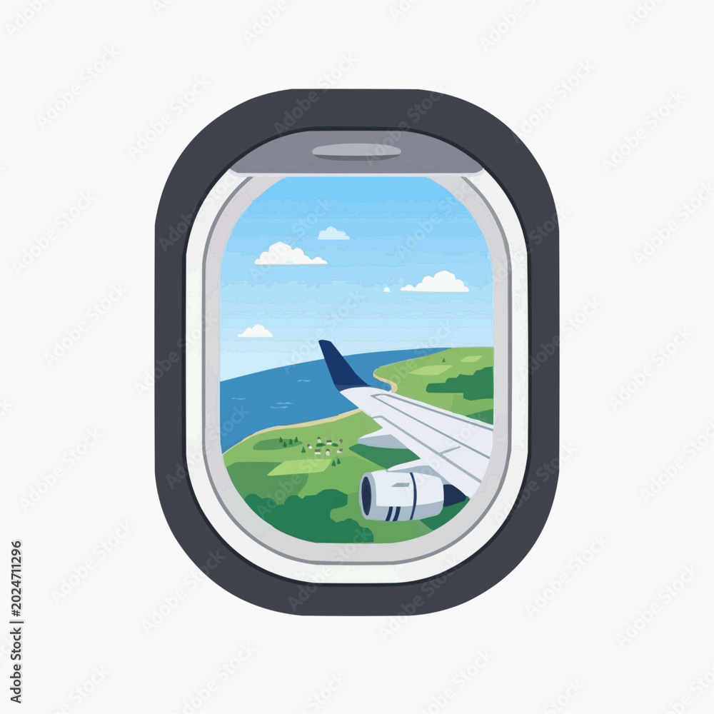Fototapeta premium View from airplane window of coastal landscape with wing and engine