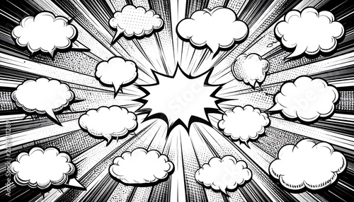 Empty comic speech bubbles on radial background