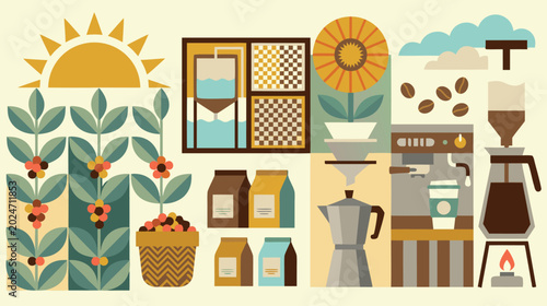 Tableau sur toile Abstract Coffee Harvest and Brewing Concept Vector Illustration, Flat Geometric