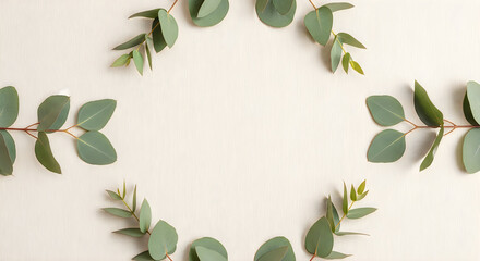 Eucalyptus leaves on wooden background, floral frame