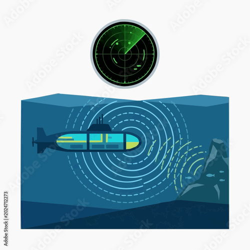 Submarine using sonar to detect underwater objects and fish near a rocky seabed