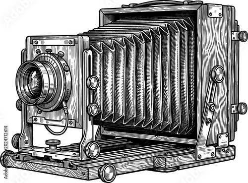 Antique large format press camera with bellows and wooden frame
