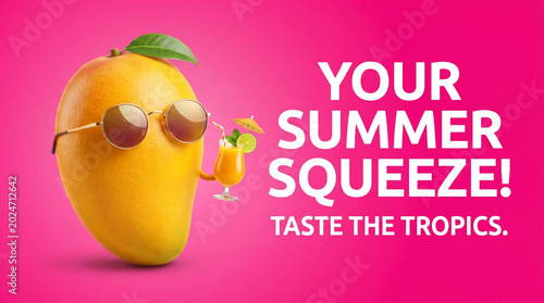 Cartoon mango wearing sunglasses and holding a tropical drink  
