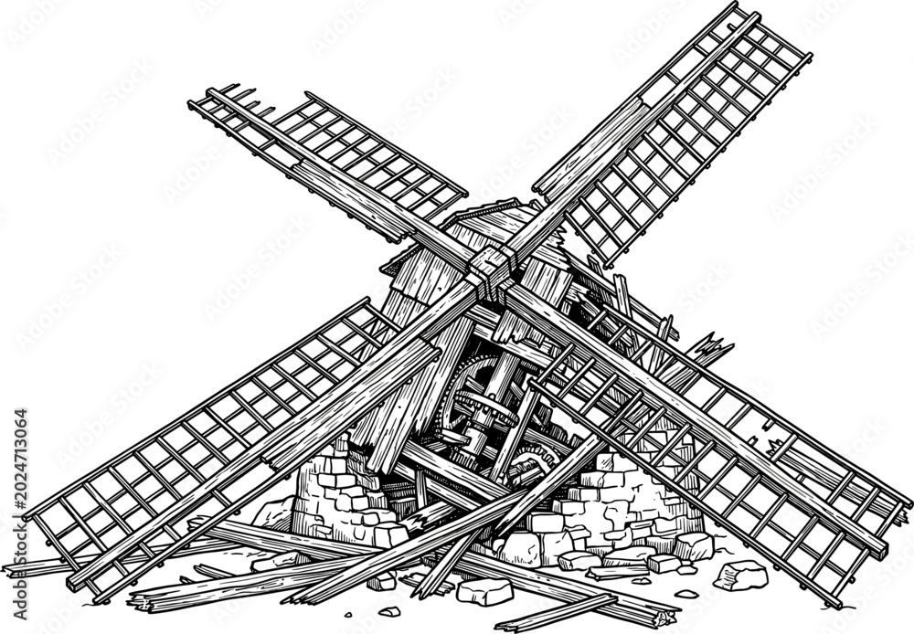 Fototapeta premium Broken and ruined windmill structure collapsing on the ground