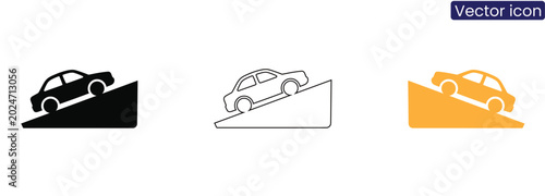 Bild auf Leinwand Three cars on inclined planes in black, Line art, And yellow on white background