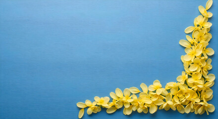 Yellow floral corner design on blue wooden background with water texture