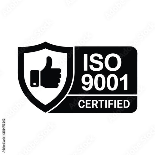 iso 9001 certified logo with thumbs up shield icon black and white