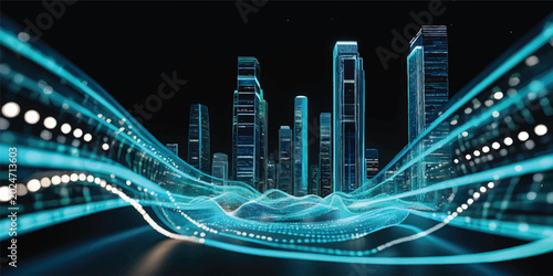 Εκτύπωση καμβά A modern 3d vector illustration of a futuristic blue cityscape featuring towerin