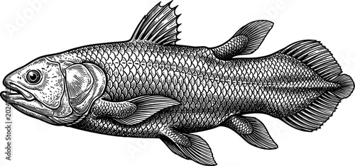 Detailed coelacanth fish illustration in woodcut engraving style