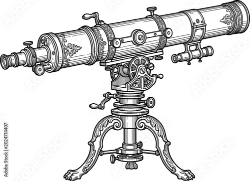Elaborate astronomical refractor telescope with gear mechanism on ornate pedestal