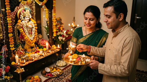 Couple celebrating festival with offerings in front of idol of goddess, traditional decor, lighting diyas and candles. Festival ambience enhances spirituality and tradition for Indian celebrations.