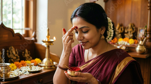 Traditional Hindu celebration with woman applying tilak on forehead during festival in beautifully decorated space. Hindu festival setup includes ornate deity idols, flowers, and traditional items.