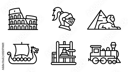 Foto Historical Landmarks and Transport Icons: Colosseum, Sphinx, Viking Ship, Printi