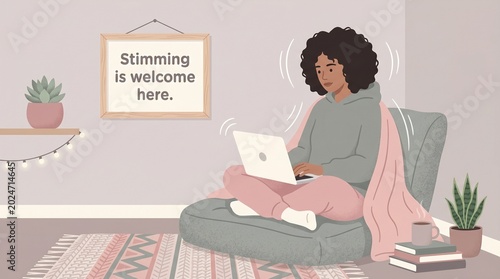 Neurodiversity and Autism Awareness Vector Illustration of Woman Working on Laptop with Stimming is Welcome Here Sign in Cozy Room