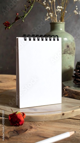 Empty notepad with dried flowers and rose