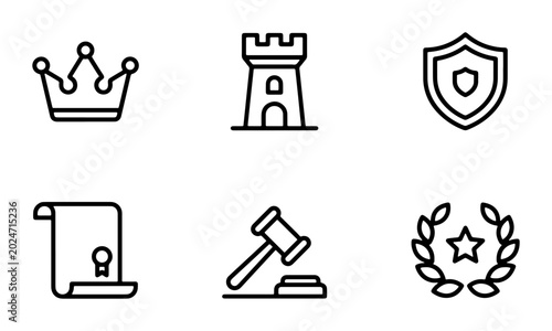 Quadro su tela Royal Crown, Castle Tower, Shield, Diploma, Gavel, Laurel Wreath Icons