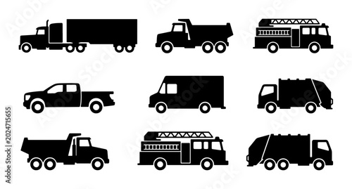 Photos Diverse Truck Silhouettes Collection: Semi, Dump, Fire Engine, Pickup, Van, Garb