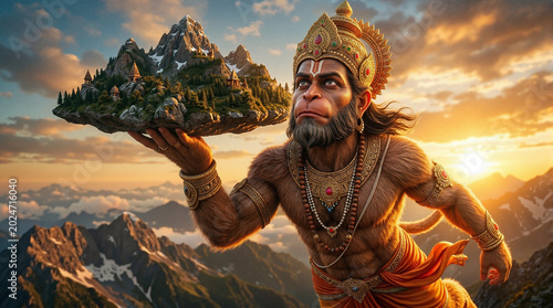Hanuman carrying mountain with lush greenery against beautiful sunset backdrop, powerful figure symbolizes strength and loyalty in Hindu mythology.