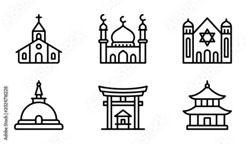 Foto Religious Buildings Icons Set: Church, Mosque, Synagogue, Stupa, Torii Gate, Pag