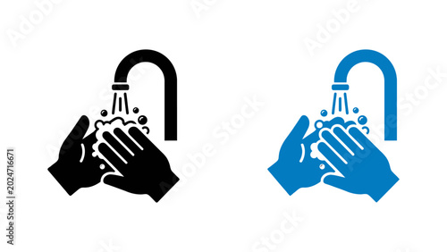 Hand washing icons showing hands being washed with soap and water for hygiene and health prevention in black and blue flat design