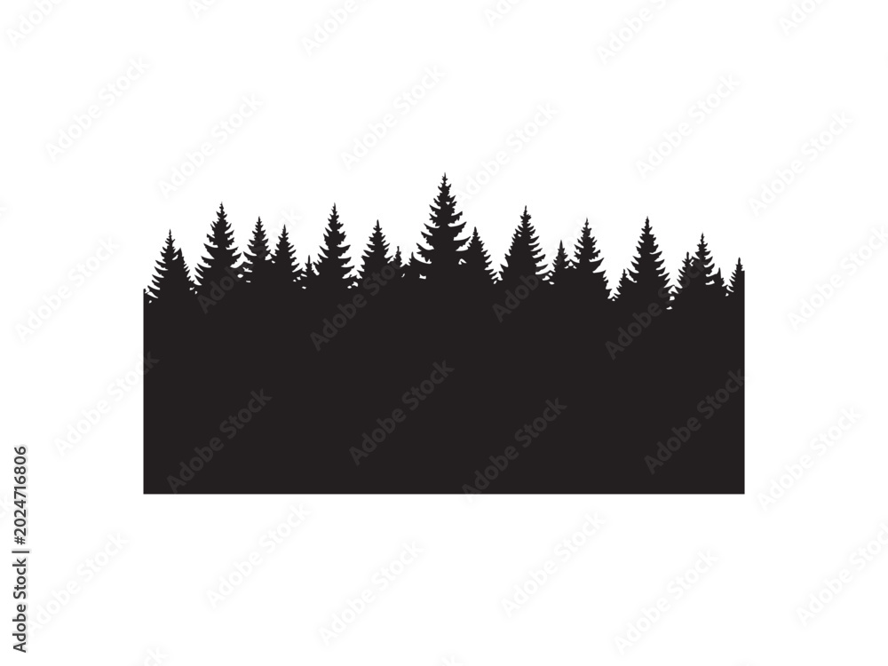 Obraz premium A tall dark silhouette of pine trees creates a scenic forest border in this artistic high contrast nature photo on white background
