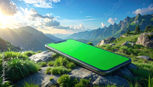 Device with green screen on rocky mountain landscape