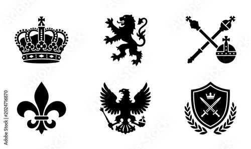 Schilderij op canvas Royal Heraldic Symbols Vector Icons: Crown, Lion, Scepter, Fleur-de-lis, Eagle,