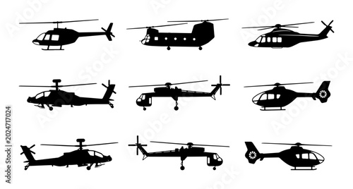 Fotografia Diverse Helicopter Silhouettes Collection, Military and Civilian Aircraft Icons,